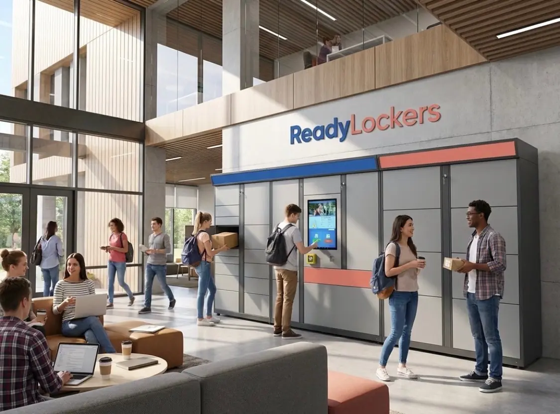 ReadyLockers smart locker bank installed at a modern property